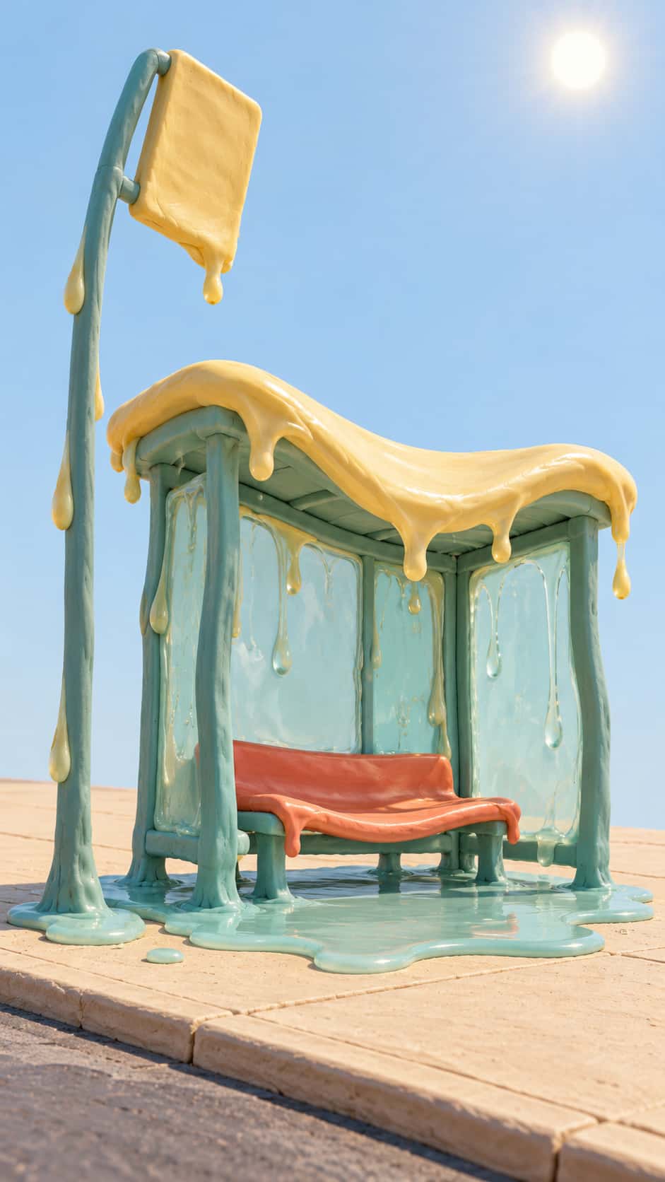 A polymer clay bus shelter slumps with a sagging roof, a bowing bench and a bending pole while rounded drips pool into a faded aqua puddle on hot sunlit pavement.