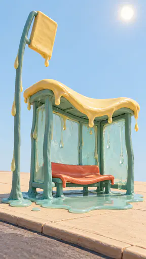 A polymer clay bus shelter slumps with a sagging roof, a bowing bench and a bending pole while rounded drips pool into a faded aqua puddle on hot sunlit pavement.