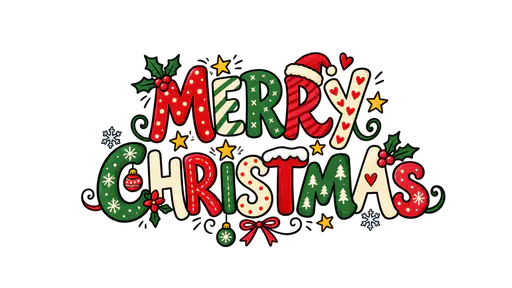 The words MERRY above CHRISTMAS in hand-lettered red, green and cream capital letters with loose ink outlines and doodled stars, holly leaves, snowflakes and tiny baubles, on a transparent background.