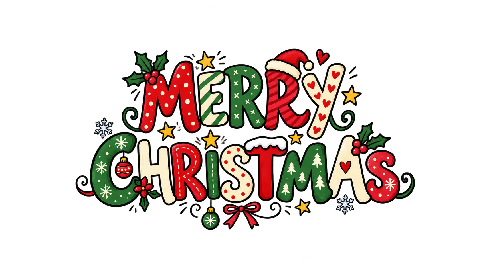 The words MERRY above CHRISTMAS in hand-lettered red, green and cream capital letters with loose ink outlines and doodled stars, holly leaves, snowflakes and tiny baubles, on a transparent background.