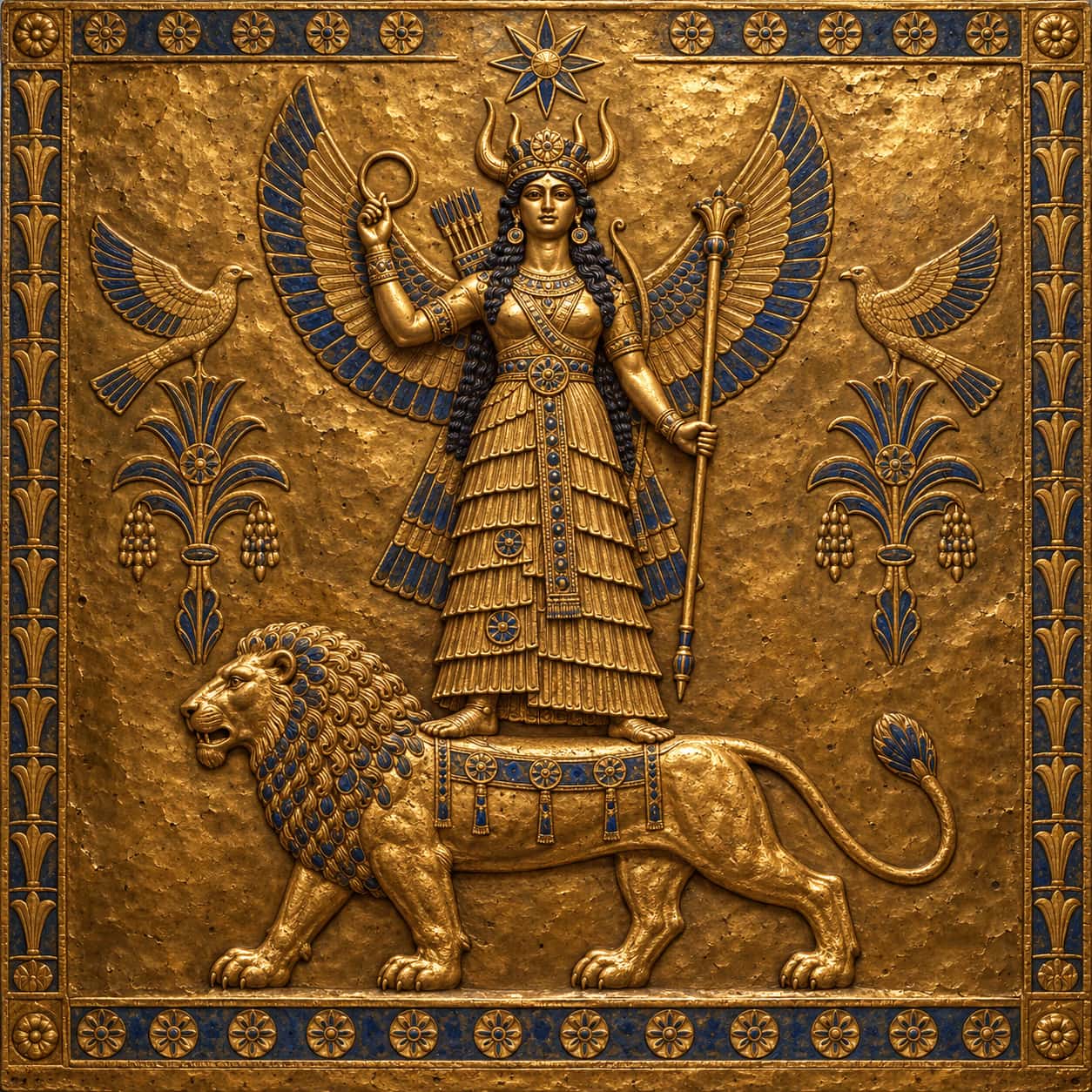 The Mesopotamian goddess Ishtar in a layered flounced robe and horned crown with shoulder wings and arrow quivers stands on a lion below an eight-pointed star in hammered gold.