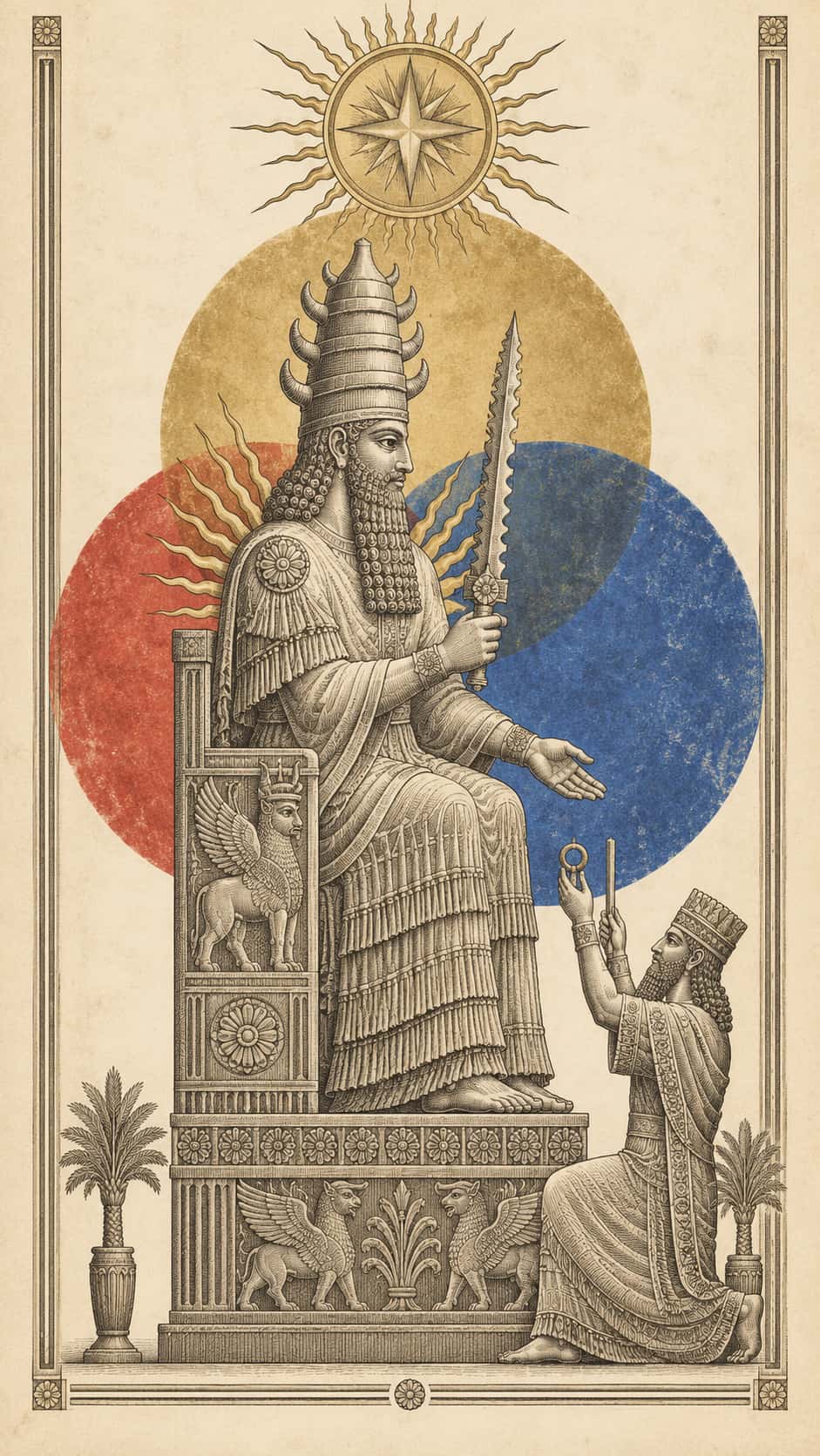 The Mesopotamian sun god Shamash sits enthroned with a long beard, a horned crown, shoulder rays and a saw-toothed blade below a sun disc with gold, red and blue discs in fine engraved lines.