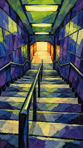 A long steep metro station stairway with a central handrail rises between tiled walls toward a bright orange opening at the far end in jagged colour wedges.