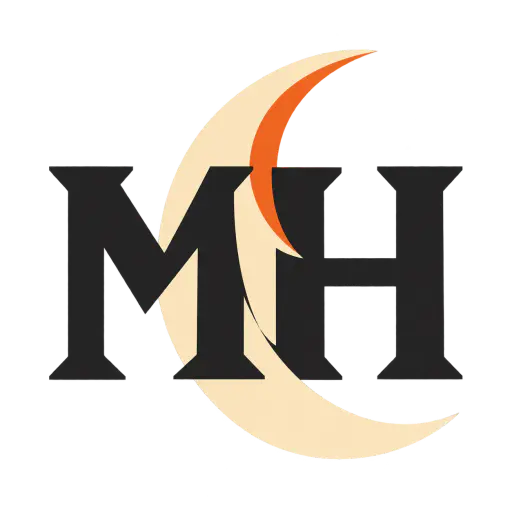 Bold serif monogram of the letters M and H interlocked with a cream crescent moon tipped in orange, drawn in flat spot-colour lettering on a transparent background — a Halloween personalized monogram emblem.