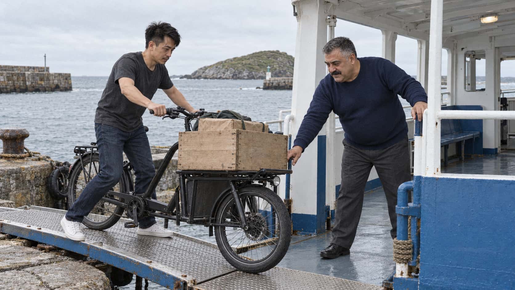 A wiry courier with a thin moustache wheels a loaded cargo bicycle with a plain wooden crate up a gangway onto the open rear deck of a small ferry while a heavyset deckhand in a navy sweater guides the front wheel.