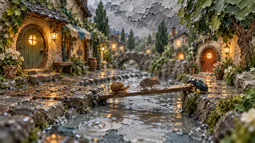 A miniature snail and a mouse cross a plank laid as a bridge over a wide puddle in a cobbled lane in rain while a beetle holds one end steady, small round doors glowing along the lane, thick palette-knife daubs forming puddle, wet cobbles and grey sky.