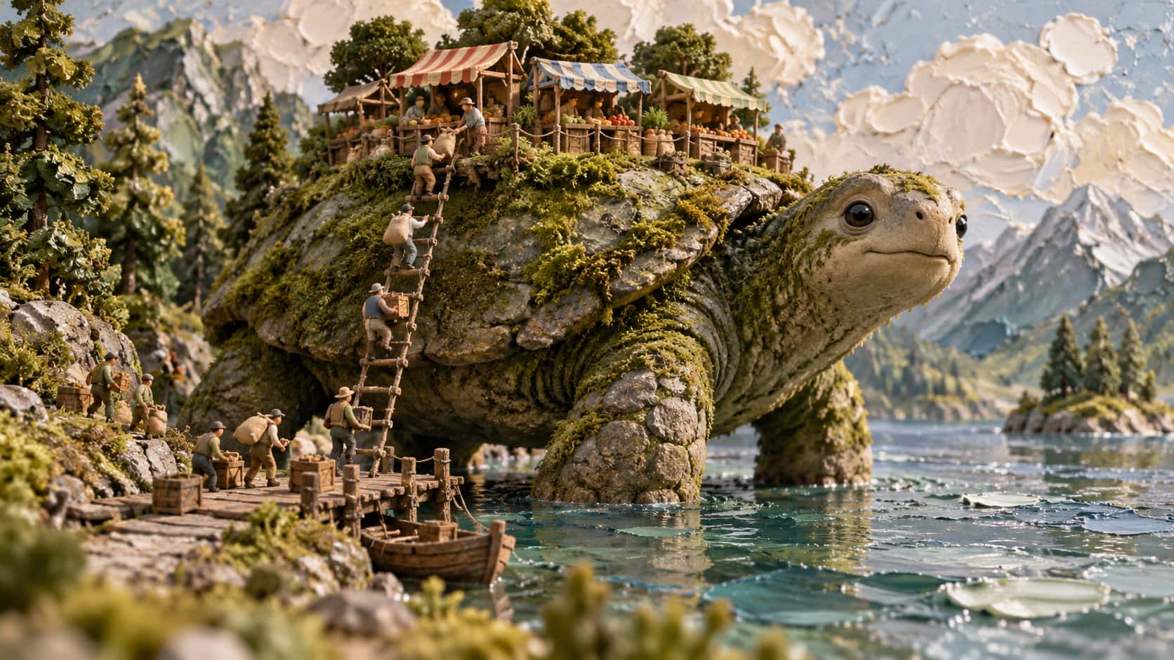 A miniature vast gentle moss-backed creature stands by a lake with a rope ladder down its flank and small figures hauling sacks and crates up to a market of striped awnings on its shell, thick palette-knife daubs forming lake, grass and pale sky.