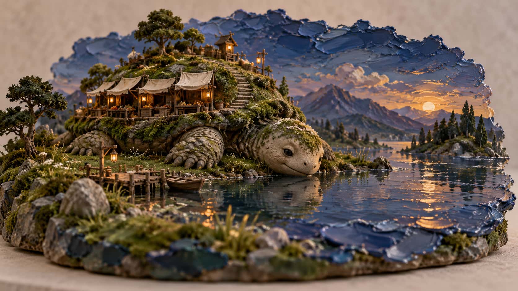 A miniature vast gentle moss-backed creature lies down beside a still lake at dusk with its head lowered to the water and its shell market folded up with awnings furled and a few lanterns glowing, thick palette-knife daubs forming lake, hills and deep blue sky.