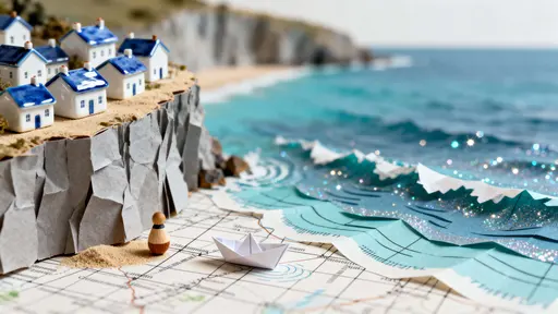 Tiny white-and-blue houses perch on a miniature cliff that rises from a printed map, overlooking a sparkling printed sea with soft paper textures and subtle coastal light.