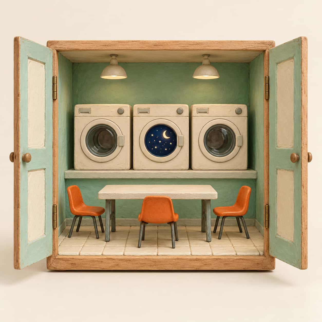 An open hinged cabinet holds a miniature laundromat of three paste washing machines where the glass door of the middle one shows a tiny midnight sky with cream stars and a crescent moon.