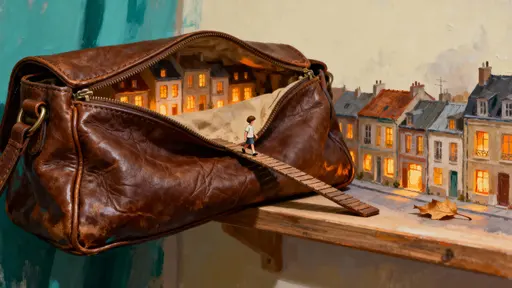 An open leather purse rests on a shelf in a quiet room, revealing a fully built tiny town with glowing windows and a small child crossing the strap like a bridge, captured in a warm, intimate scene.