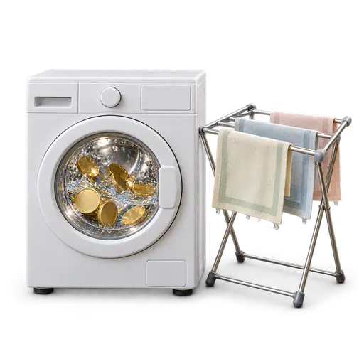 Money laundering: a miniature laundromat washing machine tumbling plain gold coins behind its round glass door, a tiny drying rack beside it holding plain unmarked banknote-shaped cloths, isolated on transparency with a soft contact shadow.