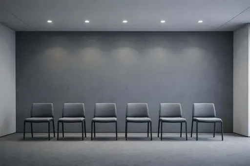 Minimal corporate interior photographed as a wide 3:2 composition with aligned chairs and ceiling lights, tight geometric framing and calm, neutral atmosphere for poster use.