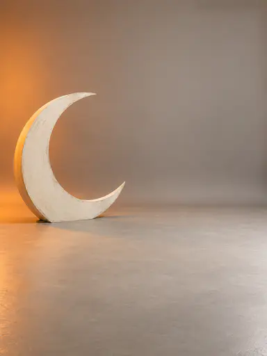 An empty halloween studio photo background: a warm neutral seamless paper sweep curving from backdrop to smooth floor at standing eye height, one large pale crescent moon prop standing at the far left edge, and a pumpkin-orange light wash fading out before the open centre of the frame.