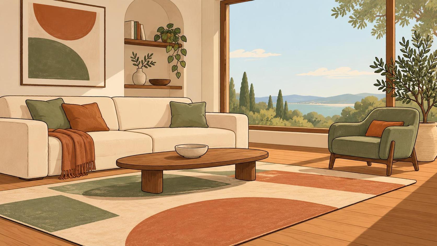 A modern minimalist living room with a low sofa, geometric rug and large window over a warm wood floor in soft afternoon light with a few simple decor pieces.