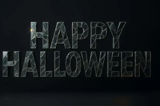 Uppercase "HAPPY HALLOWEEN" built from arranged mirror shards that catch highlights and fragment a dim room into metallic reflections, with subtle dust and fingerprints for realism.
