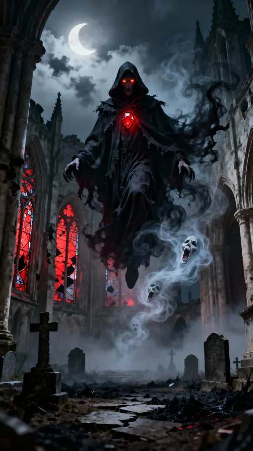 A hyper-realistic Mismagius hovers ominously above a desolate cathedral ruin at midnight. Its tattered, flowing cloak-like form billows unnaturally, edges dissolving into swirling black mist. The blood-red gemstone on its chest pulses, cast