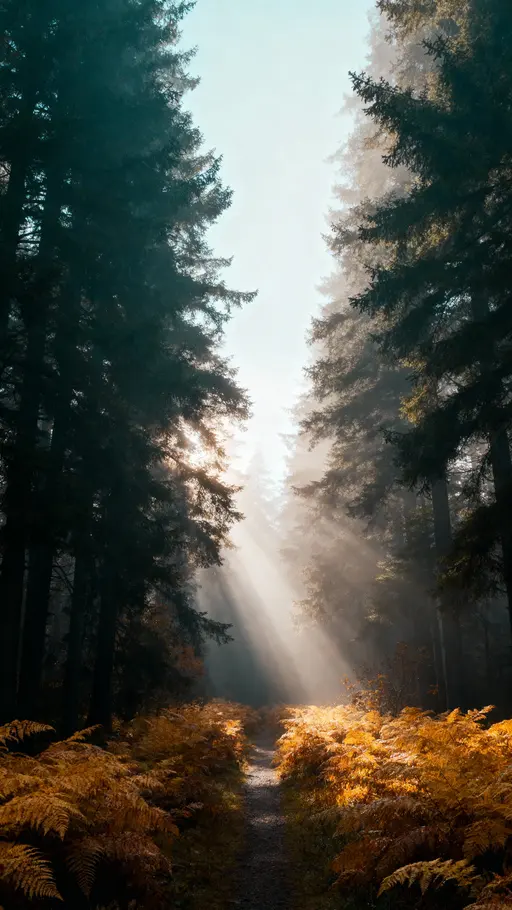 A foggy autumn forest of tall pines and golden ferns with a centered path and vertical symmetry; sunbeams cut through pale soft-gray mist, teal-green foliage and warm-gold highlights.