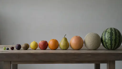 Whole fruits of different kinds stand arranged by size in one line from smallest to largest along the edge of a plain table in even daylight.