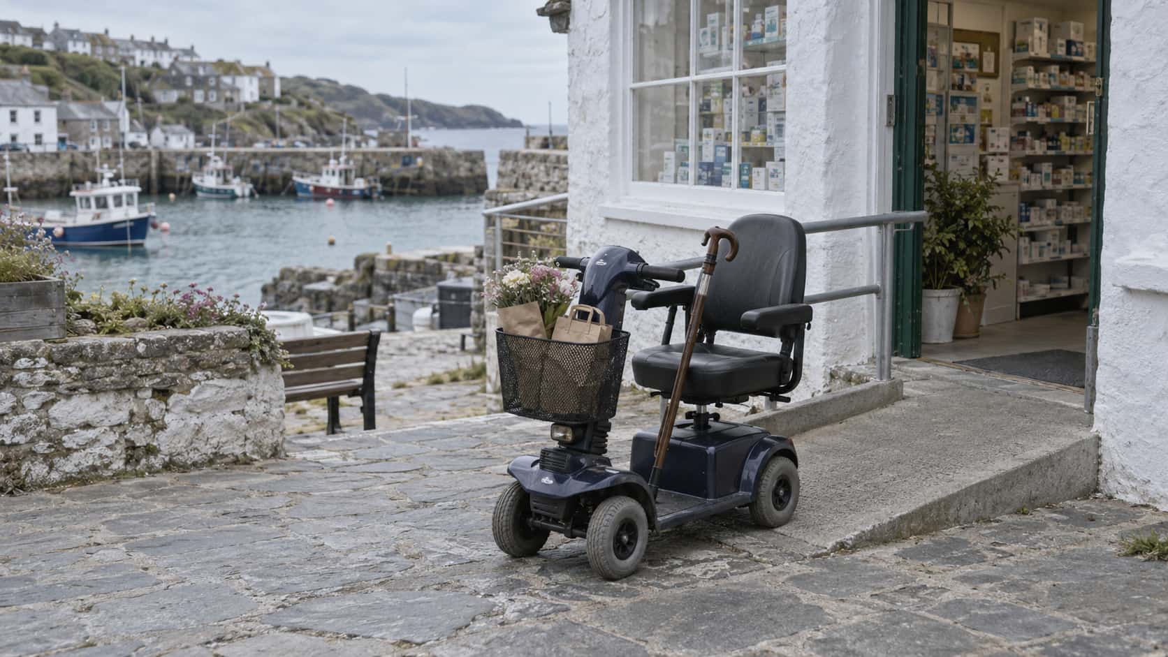 A mobility scooter with a front basket holding a paper bag and a bunch of flowers is parked outside a small harbour shop beside a ramp, its seat empty and a walking stick hooked on the handlebar in soft morning light.