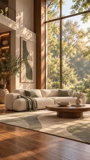 A modern minimalist living room with a low sofa, geometric rug and large window over a warm wood floor in soft afternoon light with a few simple decor pieces.