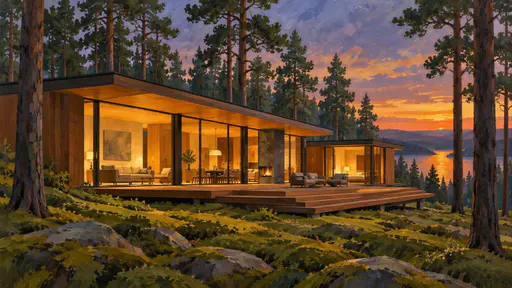 A modern luxury cabin in a pine forest has long low timber and glass volumes with a flat roof and warm light glowing from tall windows at dusk beside a wooden deck and mossy ground.