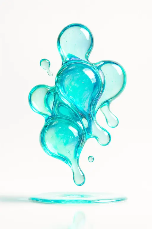 Clustered liquid-glass forms float in a pristine white studio, their contours blurring and folding like molten crystal. Subtle cyan and green veins pulse at edges while faint violet glints puncture highlights, producing an abstract, high-key composition that feels both scientific and dreamlike.