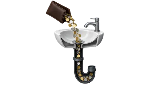 Money down the drain: plain metal coins pouring from a tipped wallet into an open sink drain and continuing down a long dark waste pipe, the faucet off, resources wasted with no return.