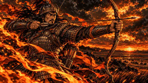 A Mongolian archer in ornate lamellar armour and a horned helmet stands poised with a composite bow drawn as orange ribbons of flame swirl around him.