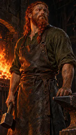 A blacksmith with a soot blackened face and a fiery red braided beard looks ahead with his eyes lit by forge fire in a monumental fresco style portrait.