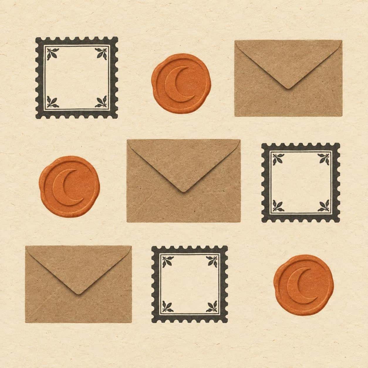Halloween stationery pattern concept on aged cream paper: a quiet offset grid of blank envelopes, crescent-moon seals and perforated unlettered stamp shapes in dusty orange and charcoal, for vintage Halloween digital paper and craft uses.