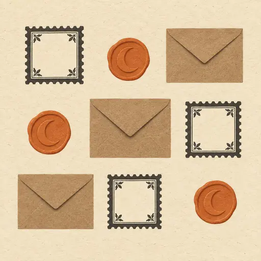 Halloween stationery pattern concept on aged cream paper: a quiet offset grid of blank envelopes, crescent-moon seals and perforated unlettered stamp shapes in dusty orange and charcoal, for vintage Halloween digital paper and craft uses.