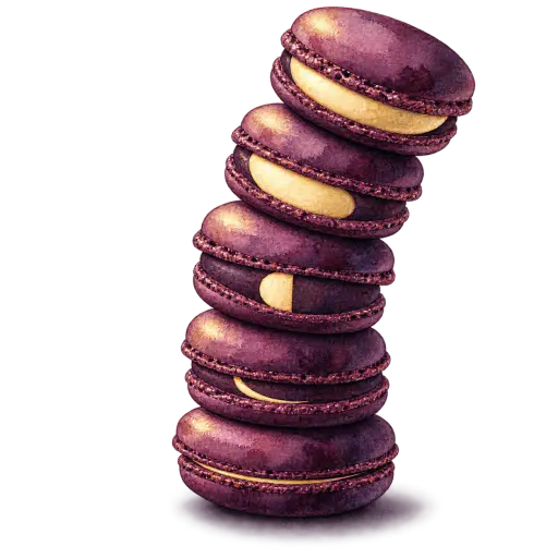 Watercolor illustration of a curved stack of dark plum macarons whose cream fillings form a progression of moon phases from thin crescent to nearly full, isolated on a transparent background.