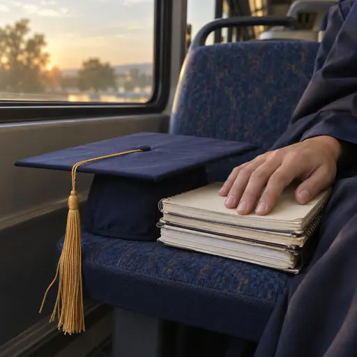 Seat-level view of a plain navy mortarboard beside worn paper cream notebooks on a quiet bus seat, its muted gold tassel hanging past the edge mid-sway while a relaxed hand presses the stack, window glowing softly behind.