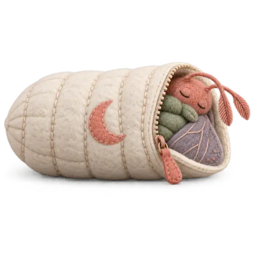 Photographed needle-felt scene of a plump sage-green moth asleep with its coral head and dusty-violet wings poking from the open end of a bone-white quilted lantern lying on its side like a sleeping bag, zipper drawn back with a coral pull tab and a small stitched moon patch on the side; isolated halloween clipart on transparency with a soft contact shadow.