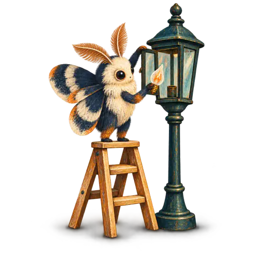 Gouache illustration of a woolly moth on the top rung of a short wooden ladder, lifting a flame-shaped bulb toward the open glass case of a miniature ink-blue street lantern; humorous halloween maintenance clipart isolated on transparency with a soft contact shadow.