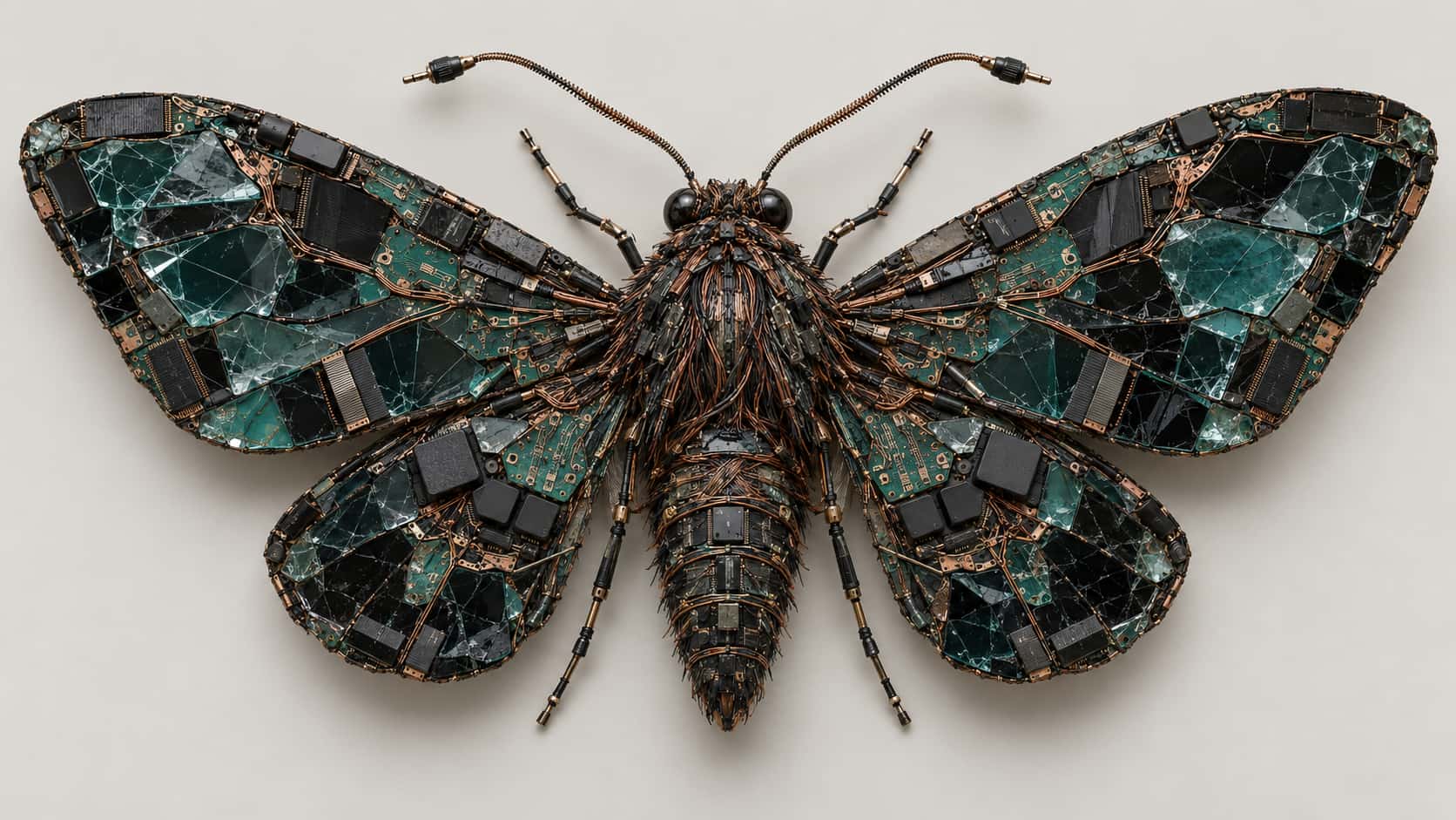 A moth with spread wings of broken screen fragments, a furry body of tangled fine wire and coiled cable antennae with plug tips rests on a plain pale studio ground.
