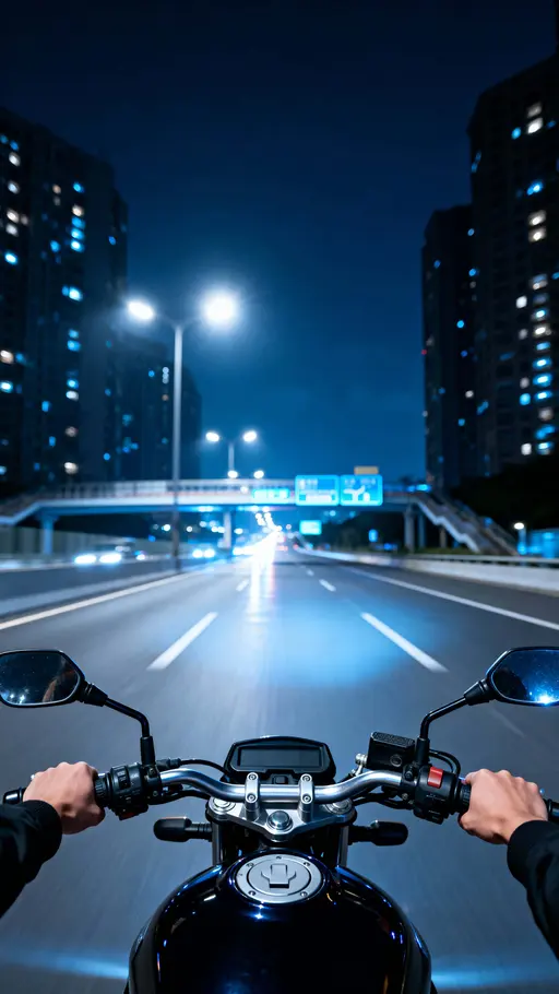 A photorealistic POV of riding a motorcycle on a night city expressway under cool blue-white streetlights, hands gripping the bars and reflections sliding across the glossy fuel tank while distant headlights streak and tall buildings blur,