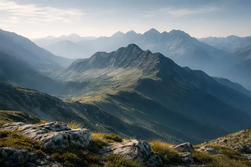 Wide mountain landscape photographed in soft morning light, composed for a 3:2 wallpaper ratio with panoramic framing, layered depth, and gentle atmospheric haze.