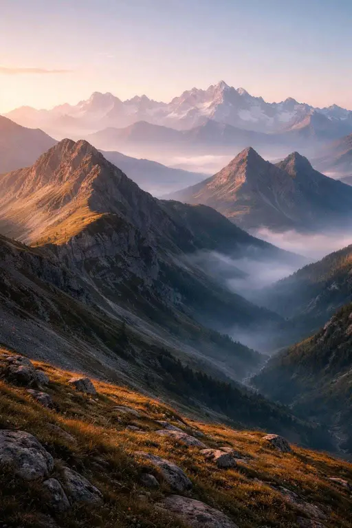 Wide vertical 2:3 mountain range at soft sunrise, composed for a wallpaper with layered ridgelines, gentle mist, warm low-angle light, and clear atmospheric depth.
