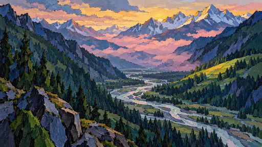 A mountain valley at dawn with steep forested slopes in jagged painted wedges, a braided river winding to distant snow peaks and rose mist.