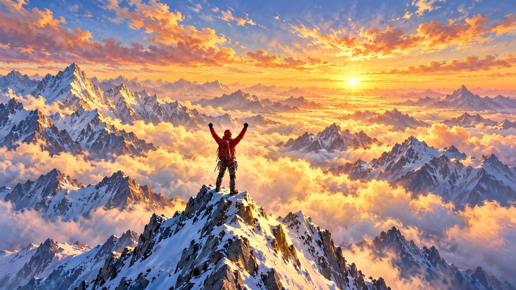 An adult mountaineer in a red jacket and helmet stands atop a jagged peak with arms raised as clouds and distant mountain tops stretch to the horizon in golden light.