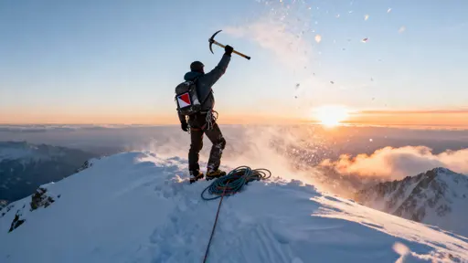 A lone mountaineer stands on a snowy summit, raising an ice axe toward a rising sun while wind lifts particles of snow, conveying epic triumph and the resilience of the human spirit.