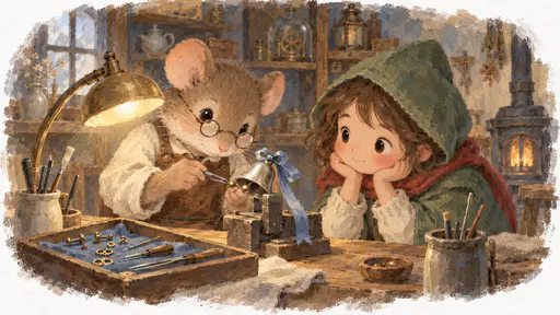 A mouse clockmaker in round spectacles and a leather apron mends the small clapper of a silver bell with a blue ribbon held in a tiny vice under a lamp with brass screws and tools in a tray while a young traveller in a green cloak watches with her chin on her hands.