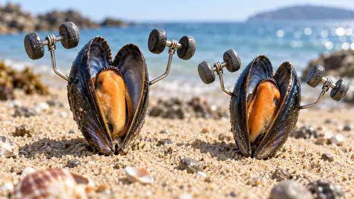 Mussel beach: Two open mussel shells with tiny wire dumbbells exercise on a sandy beach with the ocean and rocks behind them.