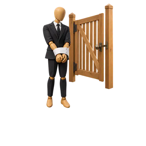 A suited wooden figure stands with both hands bound together by a wide paper ribbon before a simple unlocked gate with its handle in reach, picturing 'my hands are tied', being unable to act because of a constraint.