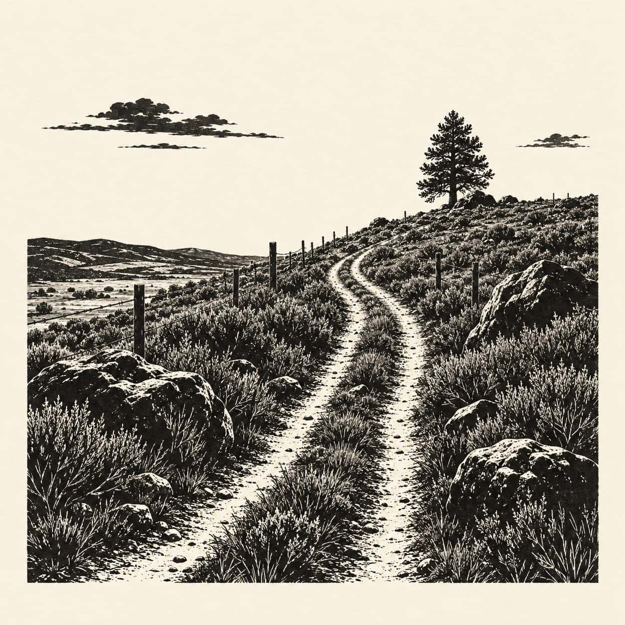 A narrow dirt ranch trail winds up a sagebrush hillside between boulders and fence posts toward a ridge with a lone pine in white line engraving.
