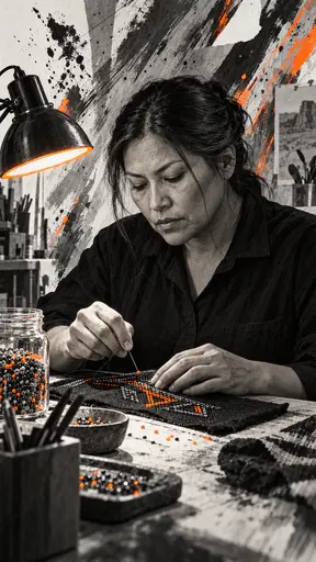 A fictional adult Native American artist, a woman with long black hair tied back, stitches glass beads onto dark cloth at a studio table in grey ink strokes with one neon orange accent.