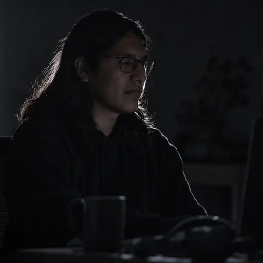 A fictional adult Native American programmer in a dark hoodie with shoulder length black hair is rim lit by a narrow strip of light beside a laptop screen in a dark late night room.