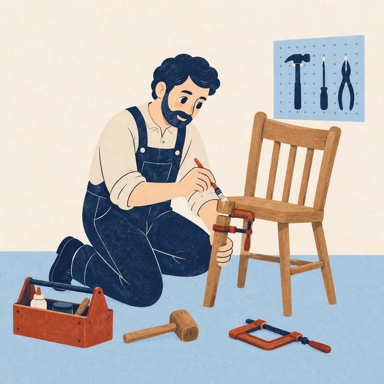 An adult kneels on a workshop floor clamping a loose leg of a plain wooden chair and brushing on glue beside a toolbox and a wooden mallet in front of a pegboard of tools.